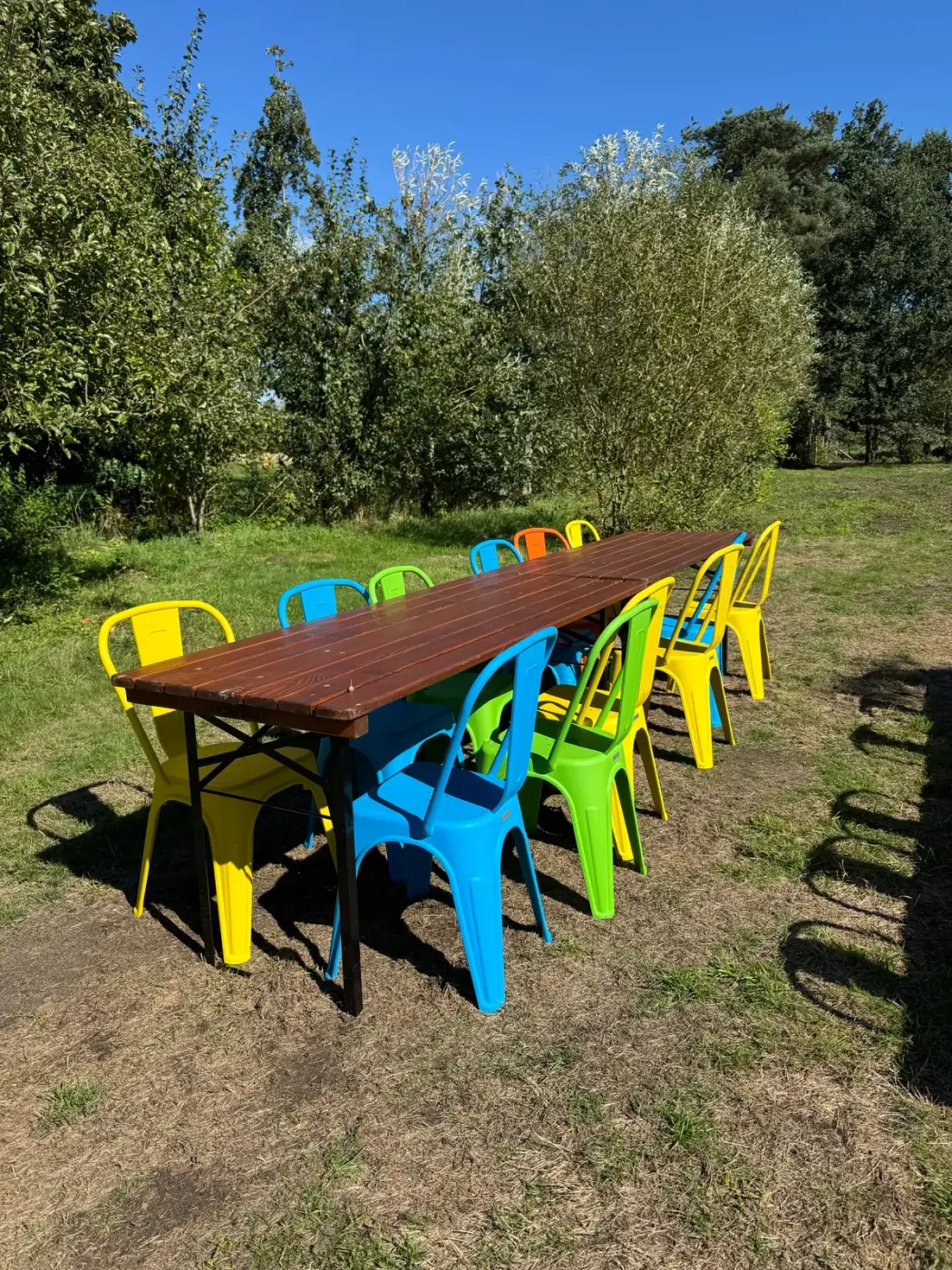 Lange houten tafel met gekleurde metalen stoelen in het gras, een vrolijke manier om meubilair te huren voor een tuinfeest in Hemiksem