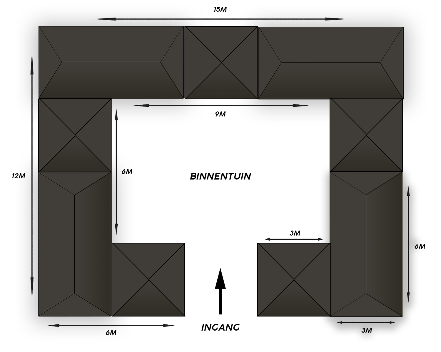 Tentencombi 15x12m C-vorm Zwart zonder zijwanden